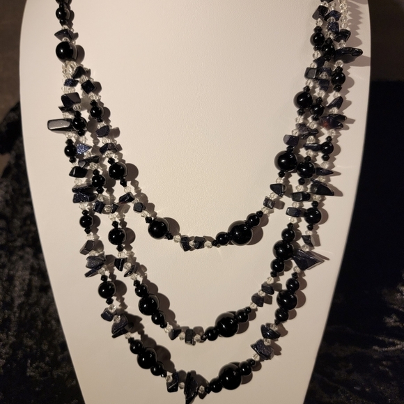 Triple Strand Black Glass Bead, Clear Bead and Black Stone Necklace - Picture 4 of 10